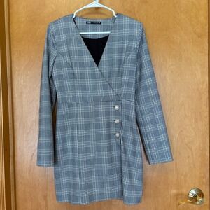 Zara Plaid Mini Dress Women S Grey Glen Check Rhinestone‎ Button Wrap V-Neck